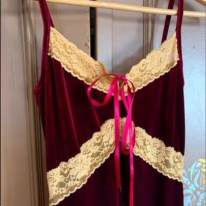 Sexy 90’s Ruby Maroon Red Velvet & Lace Slip Dress with Spaghettini Straps